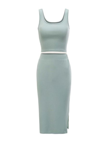 

solid tank & split hem skirt lounge set c817#, Black;red