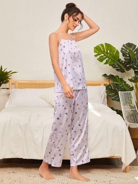 

ditsy floral print cami & pants pj set r2rm#, Black;red