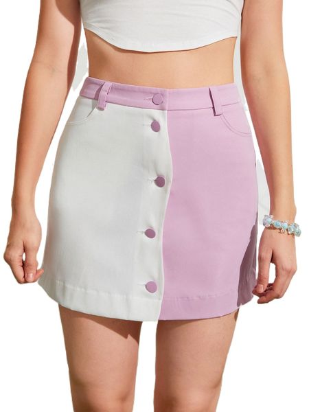 

mod two tone button front skirt q6ke#, Black