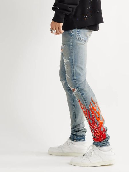 

(men's clothing)patches detail biker fit jeans men slim motorcycle for mens vintage distressed denim jean pants @bim112, Blue