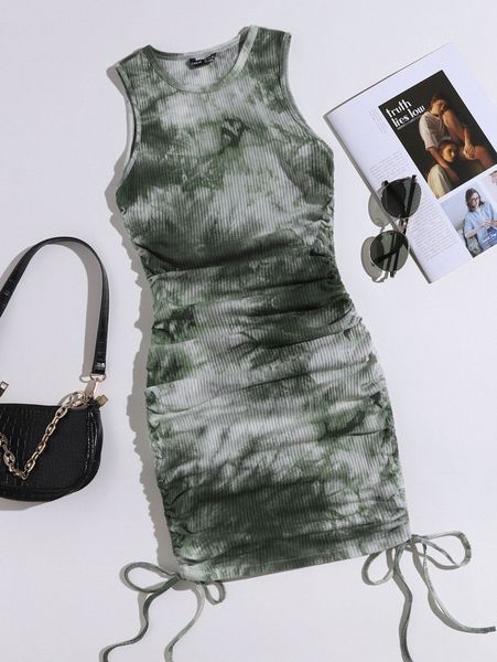 

tie dye drawstring ruched side rib-knit dress v8uy#, Black;gray