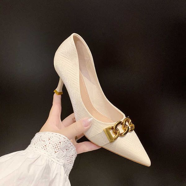 

classic luxury paris women's high heels fashion single shoes pointed shallow mouth metal chain party autumn 2022 beige zapatillas mujer, Black