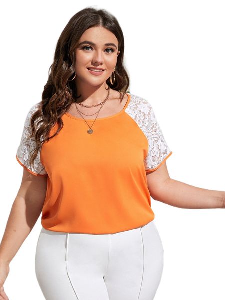 

plus color block lace sleeve blouse g0xz#, Black