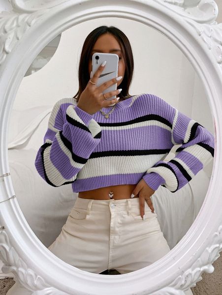 

color block drop shoulder sweater v640#, White;black