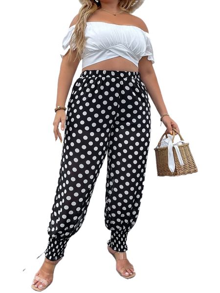 

plus polka dot shirred hem pants a2kf#, Black