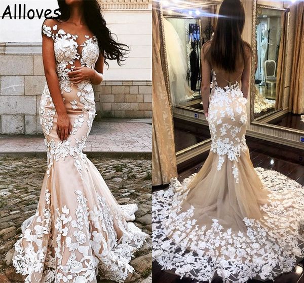 

boehemian champagne mermaid wedding dresses with lace appliqued sheer neck cap sleeves vestidos de novia open back sweep train country brida, White