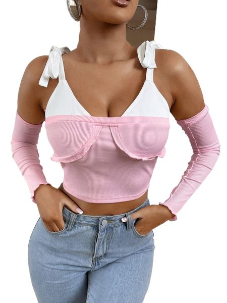 

sxy colorblock cold shoulder knot cami v5yo#, White