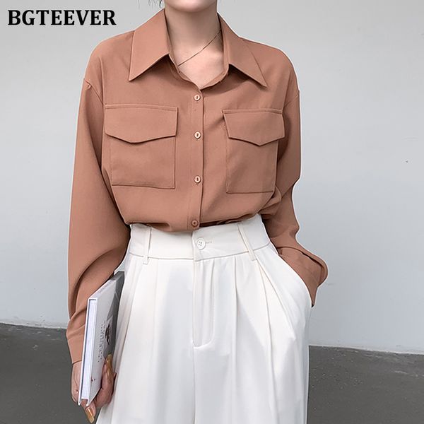 

casual turn-down collar loose women shirts 2022 spring ladies long sleeve single-breasted pockets female blouses, White