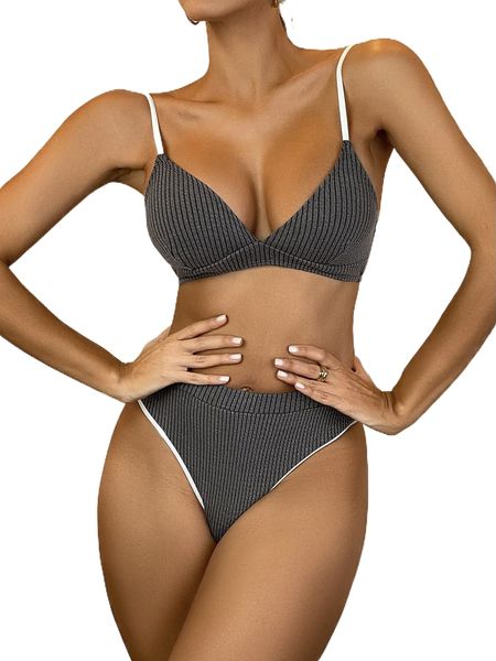 

binding trim high waisted bikini swimsuit t0rs#, White;black