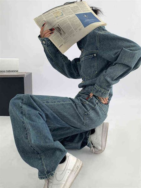 

retro blue washed aged denim jumpsuits womens spring autumn new loose single-breasted long-sleeve jean one-piece trousers female t220728, Black;white