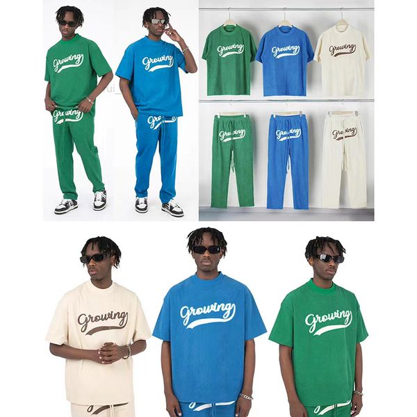 

mens summer corduroy pants suit set letter embroidery short sleeve tees elastic waist casual trousers, White;black