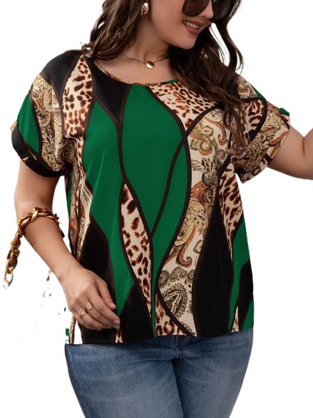 

plus leopard & paisley print batwing sleeve blouse 54qs#, Black
