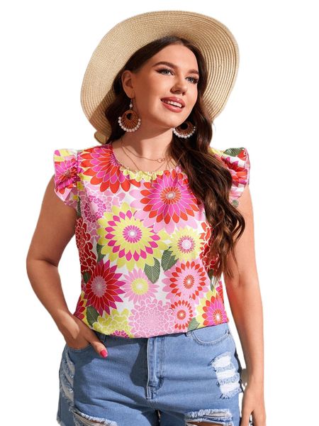 

plus floral print flutter sleeve blouse n4hm#, Black