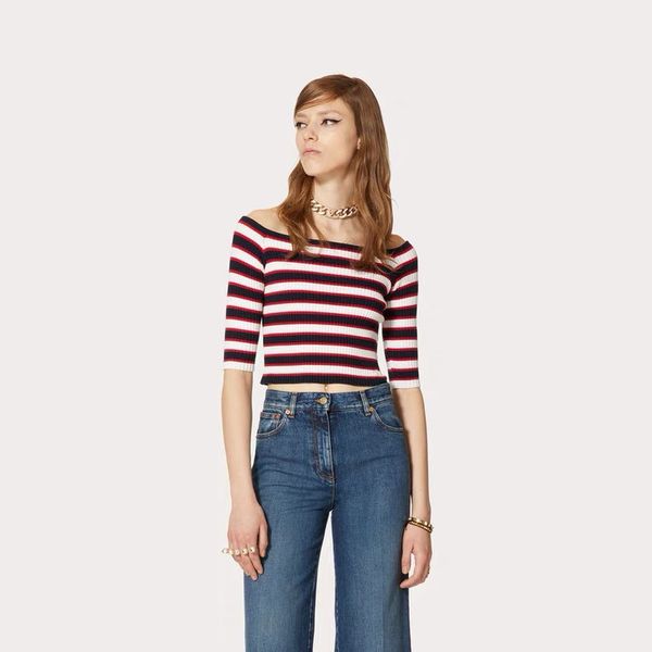 

6 l 2022 runway summer brand same style sweater slash neck short sleeve t shirt women's sweaters meiyi, White;black