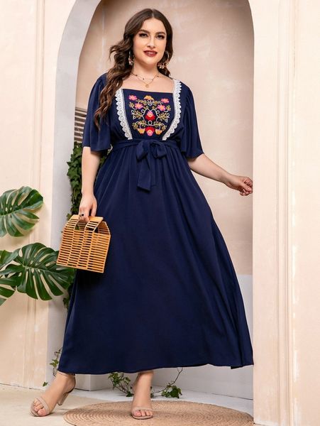 

plus floral embroidered guipure lace detail flutter sleeve belted dress m5xj#, Black