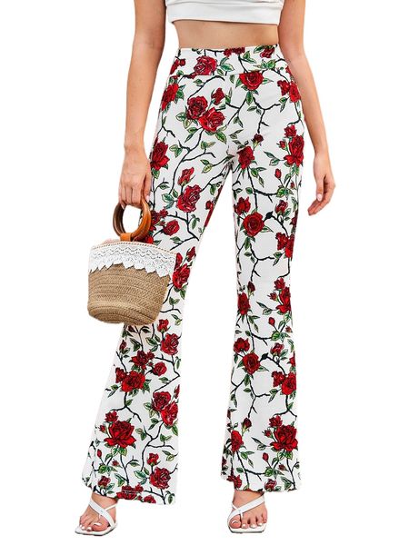 

floral print flare leg pants o7ux#, Black;white