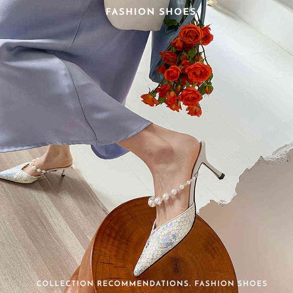 

women's heel shoes summer sandals pointed toe pumps high heeled elegant pearls slippers party wedding 220520, Black