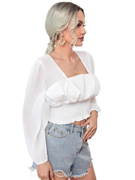 

square neck shirred sheer o4so#, White
