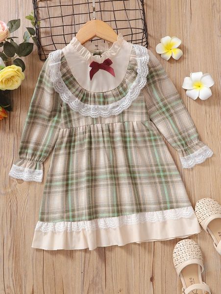 

little girl's scottish plaid ruffle ruffle sleeve front bow dress she, Red;yellow