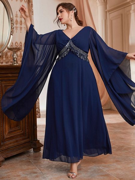 

plus sequin decor flounce sleeve chiffon prom dress 84hf#, Black