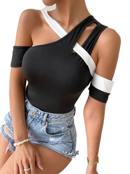 

colorblock cut out asymmetrical neck tee 275w#, White