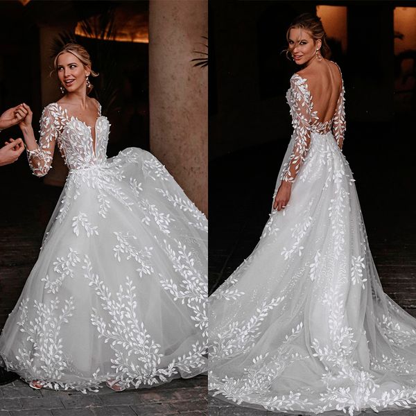 Abito da sposa semplice in pizzo con scollo a V profondo scollo a V manica lunga senza schienale Abiti da sposa su misura Abiti da spiaggia taglie forti