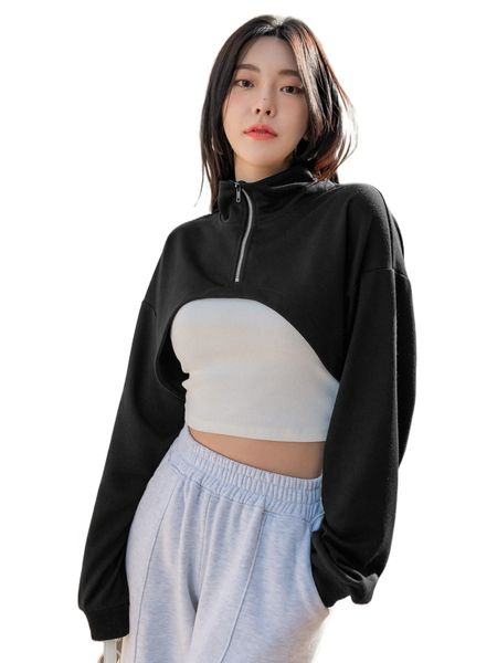 

dazy 1pc zip up drop shoulder super crop sweatshirt s1ad#, Black