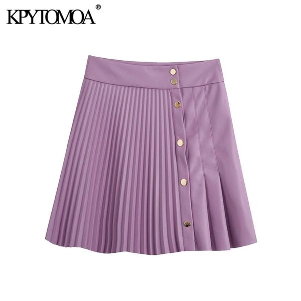 KPYTOMOA MULHERM CHIC Moda plissada de couro falso mini -saia vintage Canda alta Snap Saias femininas Mujer 210306