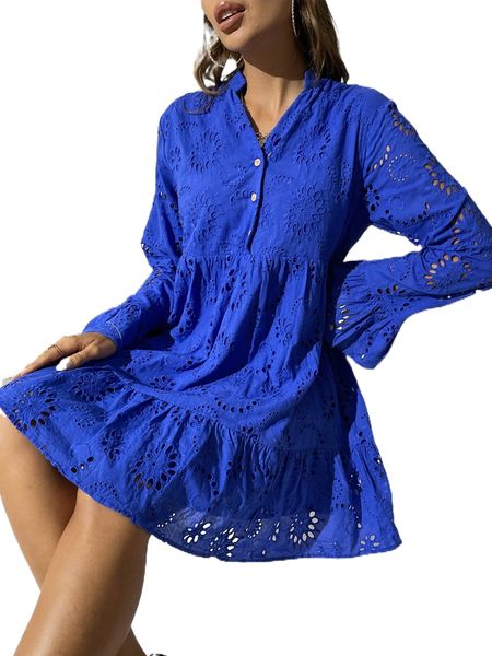 

eyelet embroidery button front ruffle hem smock dress e6p1#, Black;gray