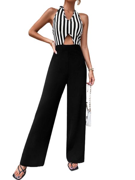 

vertical striped cut out tie backless halter jumpsuit b8vz#, Black;white