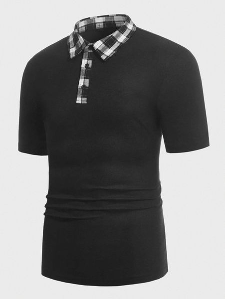 

men contrast plaid collar polo shirt a0tc#, White;black