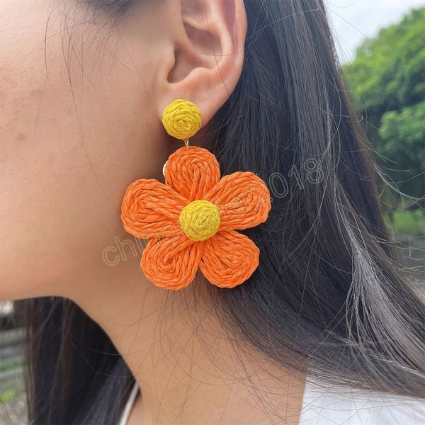 

rattan earrings boho handmade statement raffia flower dangle earrings for women summer beach earring braided jewelry, Silver