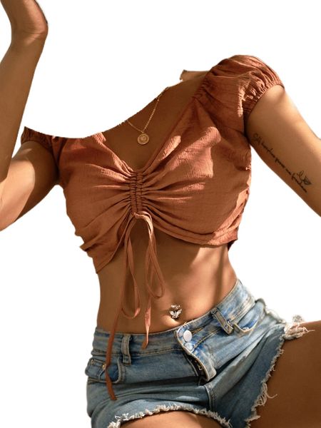 

solid drawstring ruched cap sleeve crop o09n#, White