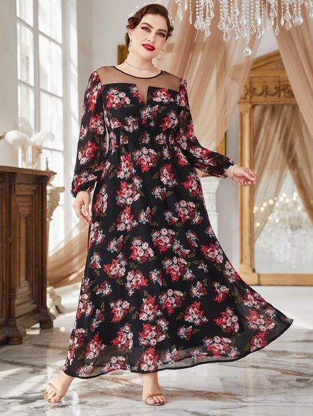 

plus floral print lantern sleeve shirred waist mesh insert dress 23p4#, Black