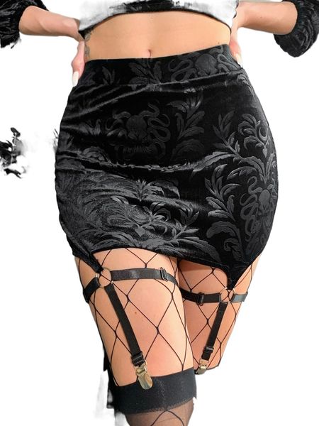 

plants jacquard o-ring strap detail bodycon skirt k076#, Black