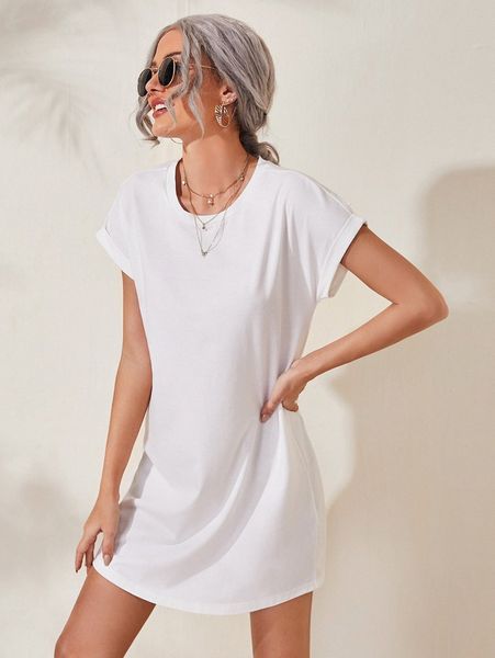 

rolled cuff solid tee dress 86v3#, Black;gray