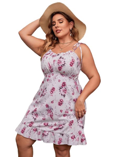 

plus floral print ruched bust cami dress v79h#, Black