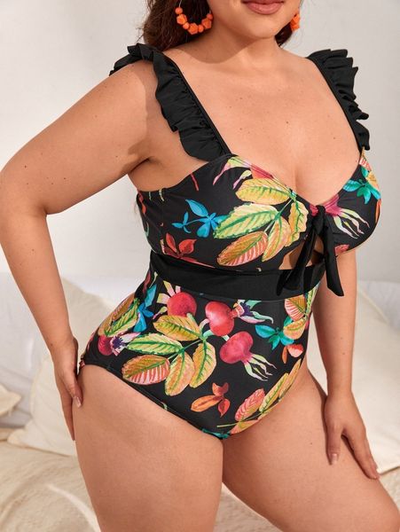 

plus plant print ruffle trim one piece swimsuit m9we#, White;black