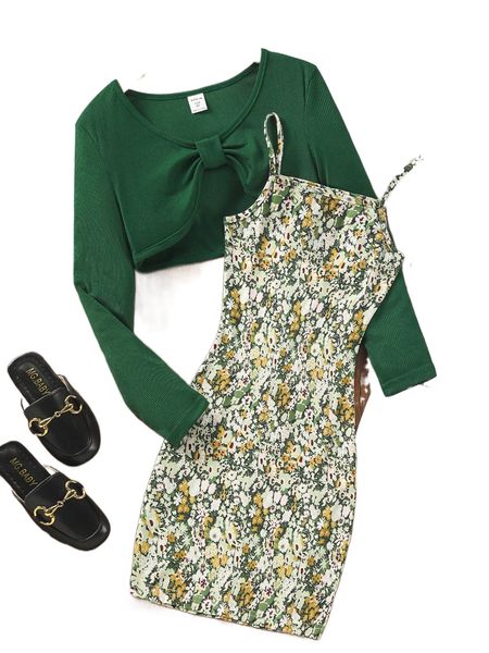 

girls high low hem tee & ditsy floral cami dress 62en#, Black;white