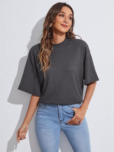 

mock-neck drop shoulder rib-knit tee w22u#, White