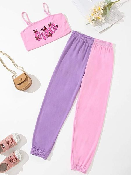 

girls letter & cami & two tone pants she, White