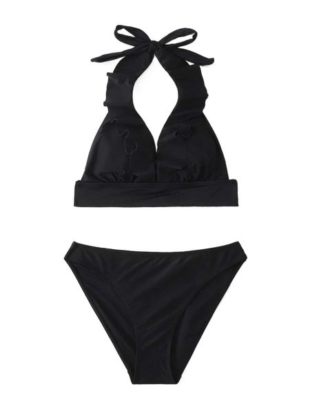 

frill trim halter bikini swimsuit e28s#, White;black