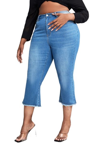 

sxy plus high waist bleach wash raw hem flare leg jeans i6ig#, Blue