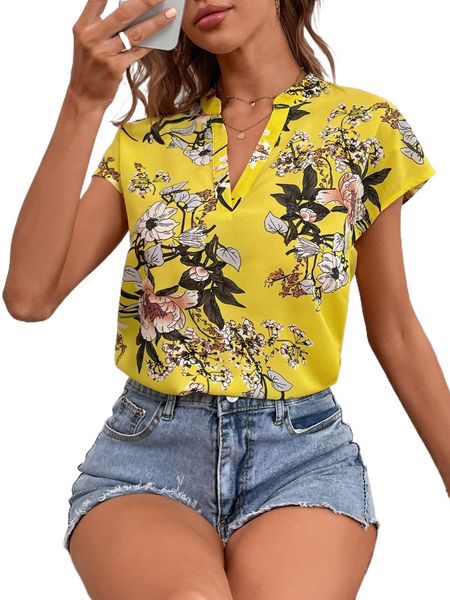 

floral print notched neck batwing sleeve blouse v3lq#, White