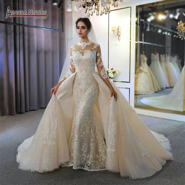 

2022 luxury long sleeves mermaid wedding dresses with detachable train vintage high neck plus size muslim bridal gown real pictures bc5030, White
