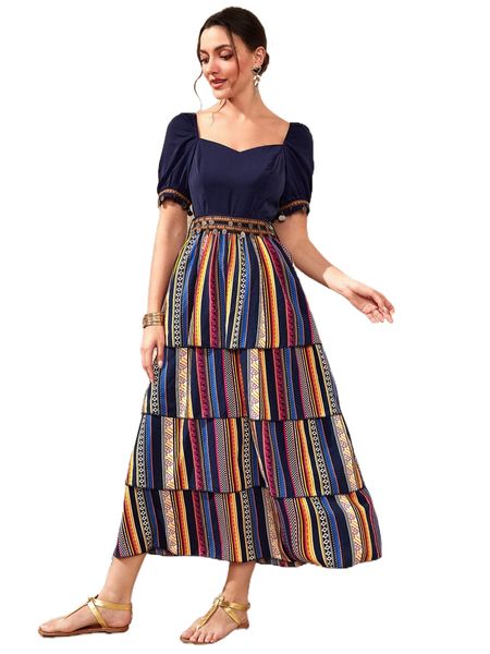 

geo print sweetheart neck layered hem belted dress q5bj#, Black;gray