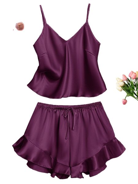 

satin cami & ruffle trim shorts pj set l4gk#, Black;red