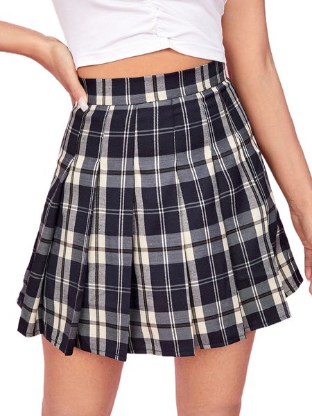 

petite tartan print zip side pleated skirt 61hl#, Black