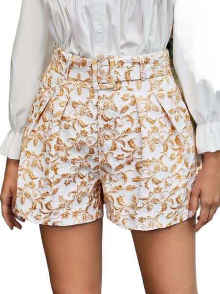 

leaf embroidery buckle belted shorts c8au#, White;black