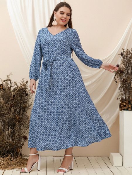 

plus geo print lantern sleeve belted dress j6vx#, Black